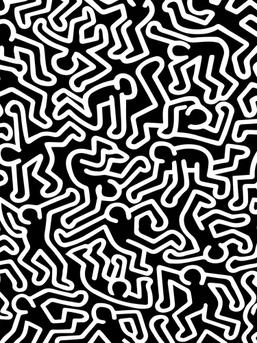 Pop art poster with kinetic dancing figures in bold two-colour line work radiating movement and energy.
