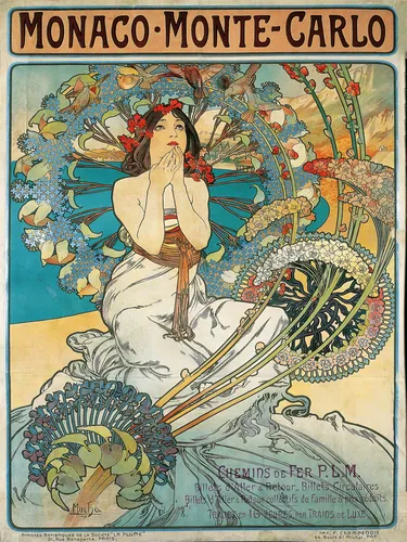 Art nouveau style vintage travel poster of Monte Carlo with an elegant illustrated woman in a flowing ornamental frame and rich jewel tones.