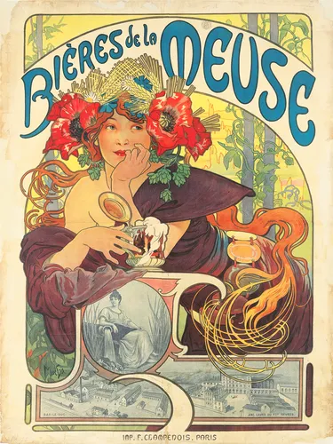 Art nouveau exhibition style poster of an illustrated woman framed by flowing organic lines and a decorative floral border in warm jewel tones.