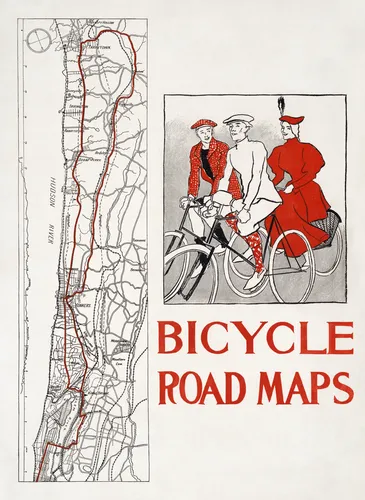 Vintage 1895 bicycle poster with a bold flat-colour illustration celebrating the early cycling era in American art nouveau style.