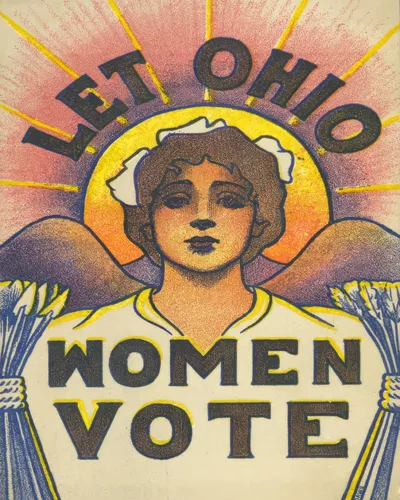 Vintage Americana typographic poster of the state name Ohio in a warm retro colour palette.