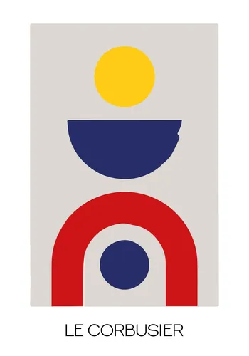 Bold abstract geometric exhibition poster with vibrant shapes and colour-music composition in Bauhaus style.