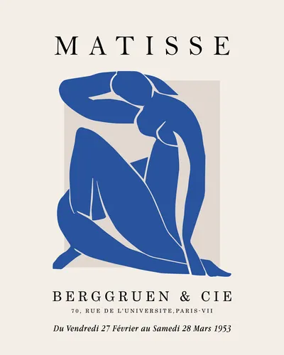 Fauvist style exhibition poster with bold saturated blue palette and loose gestural forms in joyful French art tradition.