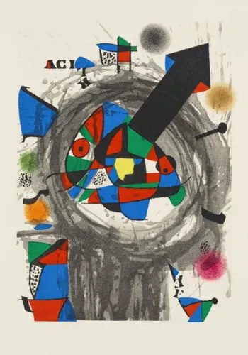 Surrealist abstract poster with playful biomorphic forms and constellation motifs in bold primary colours with black organic lines.
