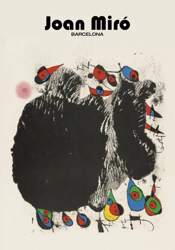 Surrealist abstract poster with joyful biomorphic and cosmic forms in bold primary and earth tones with organic black lines.