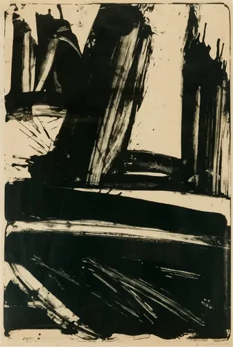 Abstract expressionist poster with raw energetic brushwork and bold gestural mark-making in 1950s New York School style.