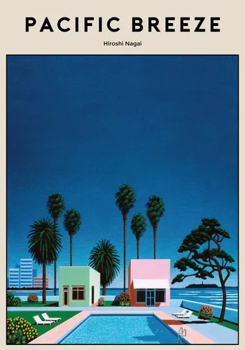 Minimalist Japanese graphic design poster of stylised ocean waves and wind in cool blue and white geometric forms.