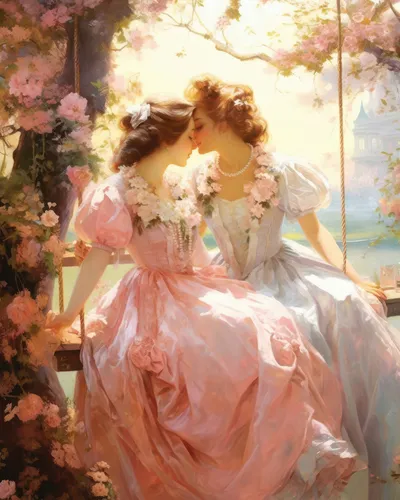 Rococo style art print of two women in a tender intimate moment painted in soft warm French palette.