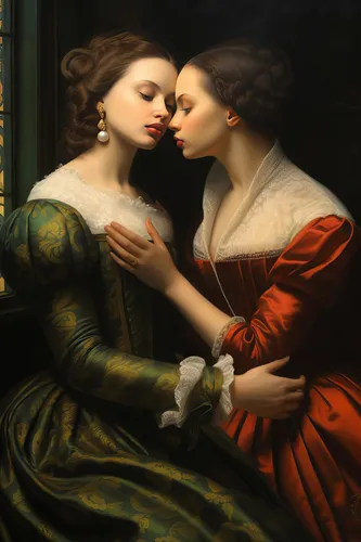 Renaissance style art print of a lesbian couple in classical composition with warm dramatic light and shadow.