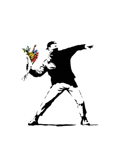 Banksy-inspired Flower Thrower protest street art poster print, iconic masked figure throwing bouquet composition, love-as-protest visual language, bold black and white graphic stencil aesthetic, urban social commentary design, British street art movement, archival quality print, street art collector wall piece, protest art home décor, graffiti-inspired statement art, iconic contemporary print.