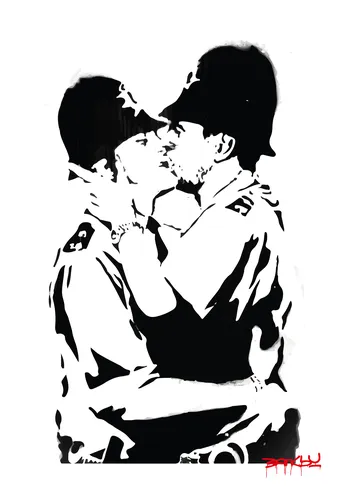 Banksy-inspired Police Kiss queer street art poster print, two police officers kissing as LGBTQ+ protest statement, bold black and white stencil design, queer visibility activism visual language, British street art movement, love and authority subversion aesthetic, archival quality print, LGBTQ+ street art collector piece, queer home décor statement, gay pride protest art gift, queer visibility wall art.