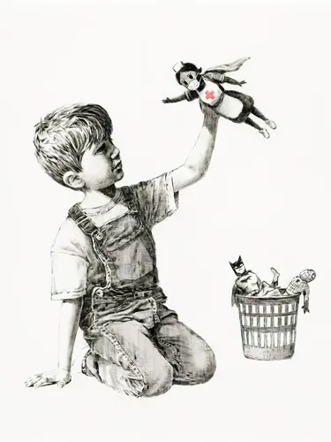 Street art style poster with a dark witty stencil composition blending childhood imagery and social commentary.