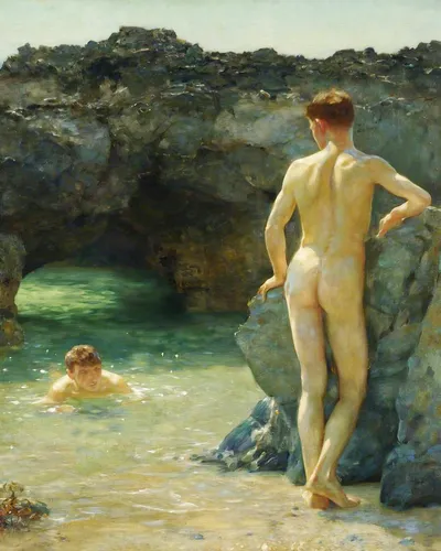 Victorian style coastal painting poster of luminous green waterways with dappled light and soft reflections.