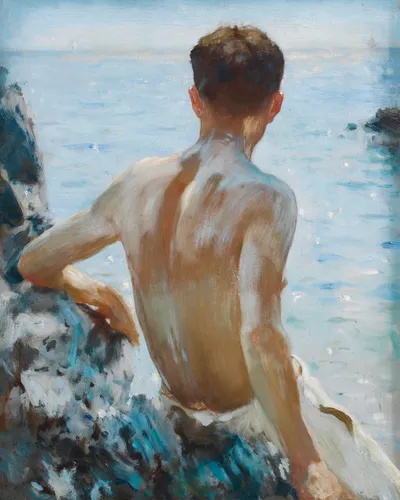 Victorian style coastal art poster of a male figure in warm golden summer seaside light.