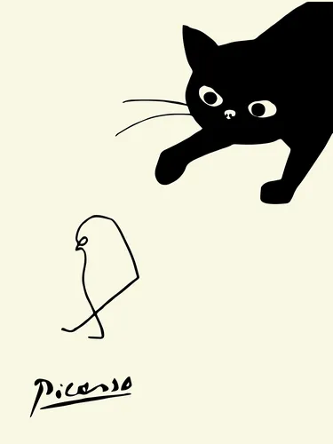 Cubist style poster of a cat and bird in fractured geometric forms with a bold colour palette.