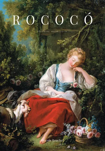 Rococo style 18th century French art poster with playful elegant composition in soft warm luminous colours.