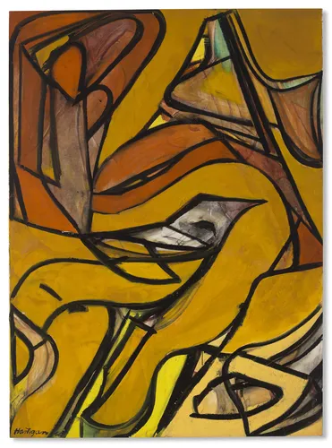 Grace Hartigan-inspired Harvester abstract expressionist art poster print, bold searching gestural composition, New York School visual language, raw expressive mark-making design, mid-20th century American art movement, female abstract expressionist aesthetic, archival quality print, serious art collector wall piece, abstract expressionist home décor, American art history print, female painter history gift.