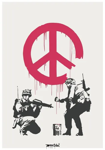 Peace campaign protest poster with soldiers and anti-war imagery in a bold political composition.