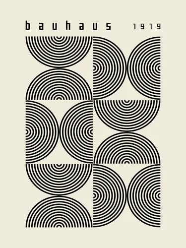 Minimalist Bauhaus poster with semicircle arch shapes in a clean precise geometric composition.