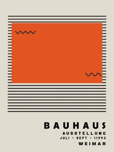 Bold Bauhaus style geometric poster in vibrant burnt orange with clean modernist shapes.