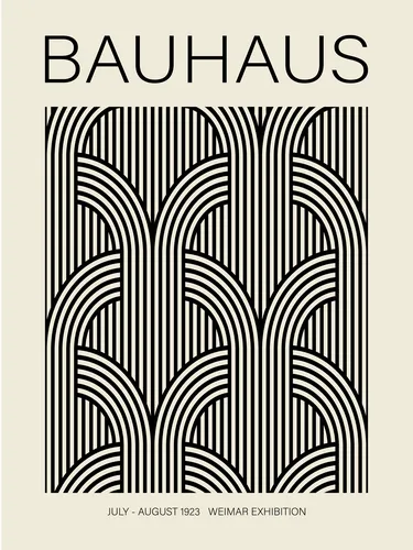 Black and white Bauhaus poster with concentrated geometric forms in stark monochrome contrast.