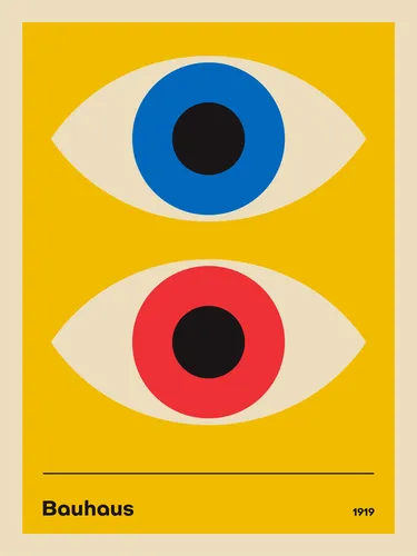 Surreal poster combining Bauhaus geometric eyes with a Banksy style monkey in an eclectic modern composition.
