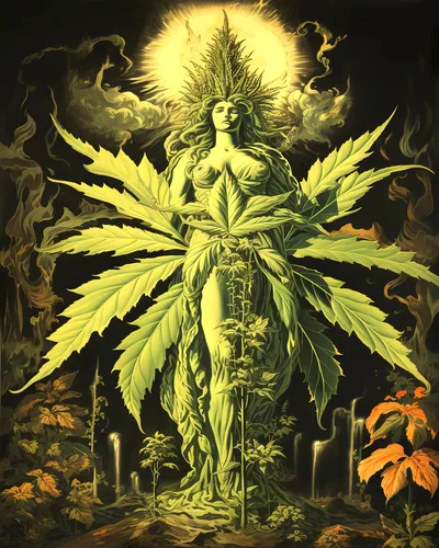 Psychedelic botanical poster of a goddess figure with lush cannabis imagery in rich vivid colours.