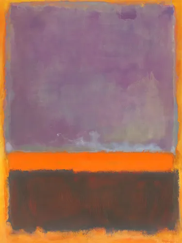 Rothko style abstract colour field poster in warm red and orange with soft luminous colour blocks.