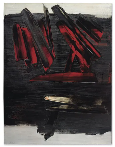 Pierre Soulages-inspired 1959 Outrenoir black abstract exhibition poster print, December 1959 specific dark composition, French post-war abstraction visual language, deep layered black surface with light beyond, archival quality print, Outrenoir collector wall piece, serious French abstract home décor, gallery exhibition statement, post-war art history print, collector art gift.