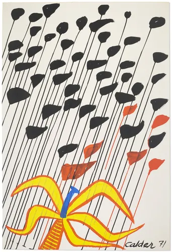 Alexander Calder-inspired flower kinetic art poster print, joyful primary colour botanical composition, mobile and stability visual philosophy, wire-and-colour aesthetic language, American modernist playfulness design, archival quality print, Calder kinetic art collector wall piece, playful primary colour home décor, gallery art statement, American modernism inspired gift, kinetic art history print.