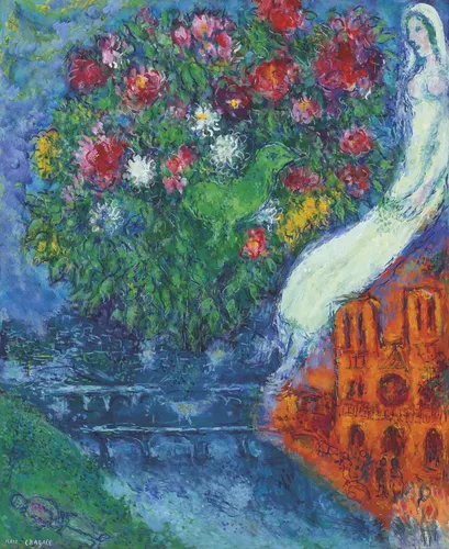 Marc Chagall-inspired Notre Dame Paris romantic surrealist poster print, lovers floating above cathedral composition, warm jewel-toned Chagallian visual language, Russian-French surrealist movement aesthetic, love-defying-gravity philosophy, archival quality print, romantic surrealist art collector wall piece, Chagall-inspired home décor, gallery statement art, romantic surrealism gift.
