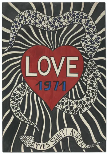 Yves Saint Laurent Love vintage fashion art poster print, YSL annual love series aesthetic, bold graphic fashion and desire composition, haute couture visual language, French fashion history movement, archival quality print, YSL fashion collector wall piece, chic French fashion home décor, gallery art statement, vintage fashion lover gift, Saint Laurent love series inspired print.
