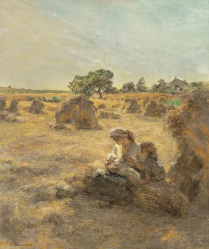French Realist style harvest painting poster with rural figures in a warm golden pastoral scene.