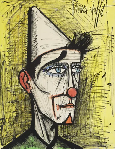 Bernard Buffet-inspired clown French mid-century expressionist art poster print, solitary figure in yellow background composition, sharp spiky linear style aesthetic, loneliness-through-comedy visual philosophy, French 1950s expressionist movement, archival quality print, French expressionist art collector wall piece, distinctive home décor statement, gallery art print, mid-century French art history gift.