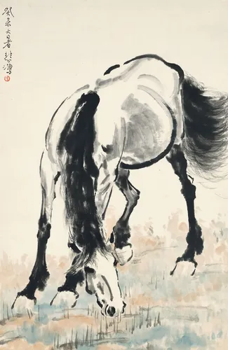 Chinese ink style painting poster of a grazing horse with fluid powerful brushwork in the manner of Xu Beihong.