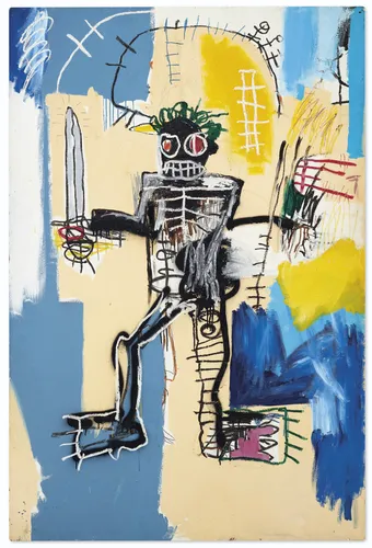 Basquiat-inspired Warrior neo-expressionist art poster print, powerful figure navigating resistance composition, raw gestural mark-making visual language, 1980s New York street art movement aesthetic, empowerment and resistance design, archival quality print, neo-expressionist art collector wall piece, bold abstract home décor statement, gallery wall art, Basquiat movement inspired gift, black art history print.