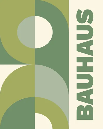 Vibrant green Bauhaus style geometric poster with bold modernist shapes.