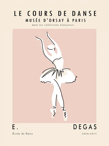 Minimalist line art poster of a Degas style ballet class in soft blush pink and cream tones.