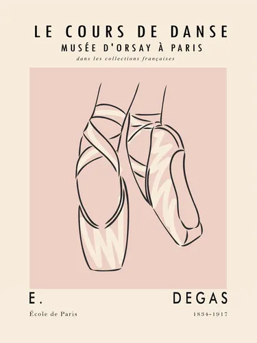 Minimalist line art poster of ballet pointe shoes in soft blush pink and cream tones.