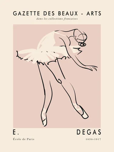 Minimalist line art poster of a ballet dancer leaning into a pose in soft blush pink and cream.