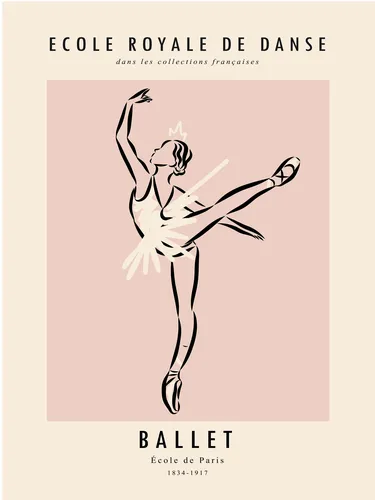 Minimalist line art poster of a ballerina in arabesque in soft blush pink and cream tones.