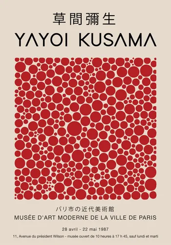 Pop art style poster of dense red polka dots on cream in the manner of Yayoi Kusama.