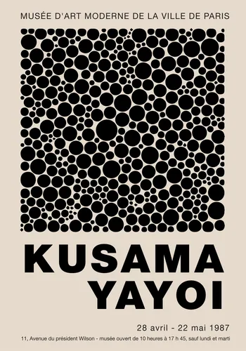 Pop art style poster of dense black polka dots on cream in the manner of Yayoi Kusama.