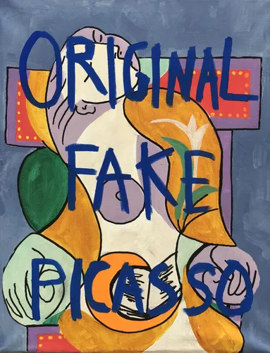 Original Fake Picasso bold contemporary statement art poster print, cubist-style figure painting with bold blue text overlay, irony and authenticity visual commentary, contemporary art-about-art philosophy, warm blue and yellow palette, archival quality print, conceptual art collector wall piece, bold home statement décor, contemporary ironic art gift, gallery statement art, meta-art visual commentary print.