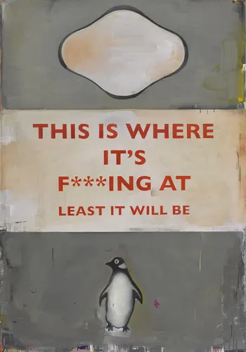 Pelican Books-inspired contemporary dark humour art poster print, classic Penguin cover format with bold red text and penguin illustration, deadpan optimism visual language, graphic book design aesthetic, grey and cream palette, archival quality print, contemporary humour art collector wall piece, dark wit home décor, funny art lover gift, ironic statement art, British humour-inspired print.