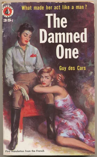 Vintage 1950s lesbian pulp paperback cover poster titled The Damned One in a bold dramatic illustrated style.