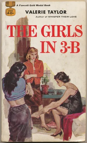 Vintage lesbian pulp paperback cover poster for Girls in 3-B showing three women in a warm mid-century illustration.
