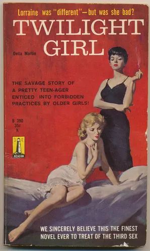 Vintage lesbian pulp paperback cover poster titled Twilight Girl with two women in a bold red room.