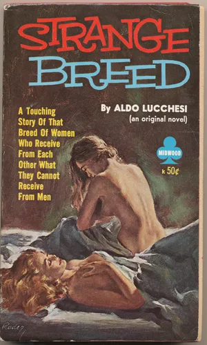 Vintage lesbian pulp paperback cover poster titled Strange Breed in a moody intimate illustrated style.