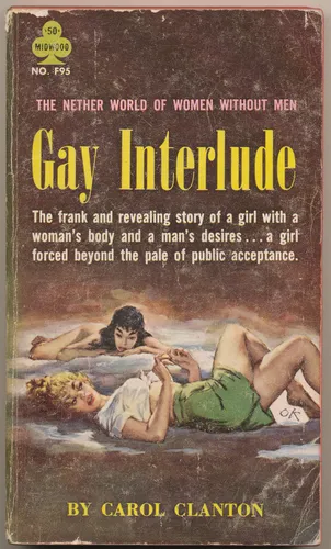 Vintage lesbian pulp paperback cover poster titled Gay Interlude in a vivid bold illustrated style.